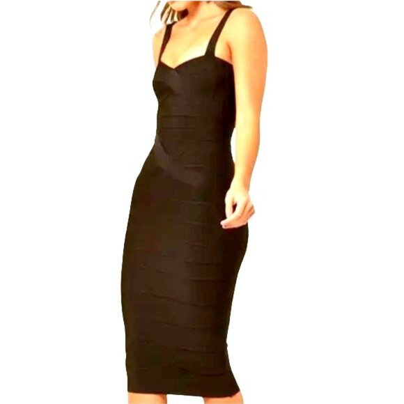 TOXIC ENVY BOUTIQUE-- WOMENS BLACK THICK STRETCHY MIDI BANDAGE DRESS SIZE LARGE - Picture 2 of 7